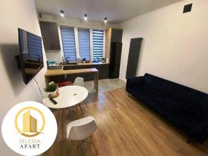 a living room with a couch and a table at Apartament Ceglany in Tychy