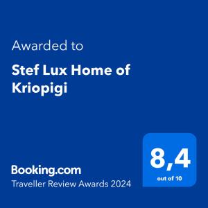 Certifikát, hodnocení, plakát nebo jiný dokument vystavený v ubytování Stef Lux Home of Kriopigi