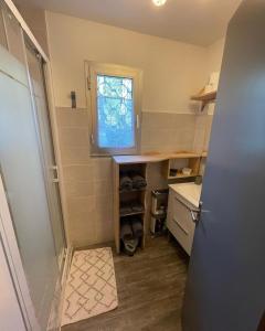a bathroom with a shower and a sink and a window at Le Pélican in Saint-Georges-de-Didonne