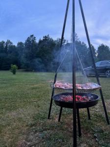 a grill with food on it in a field at Miejsce w lesie in Stara Huta
