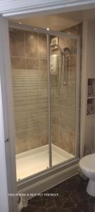 uma cabina de duche em vidro numa casa de banho com WC em 29 Well Street B&B em Moffat