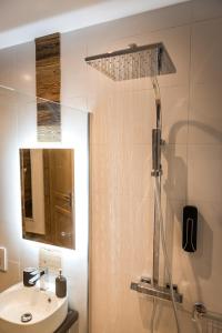 ein Bad mit einer Dusche, einem Waschbecken und einem Spiegel in der Unterkunft Nant Morzine in Morzine