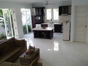 a living room with a couch and a kitchen at Vista del Mar in Candidasa