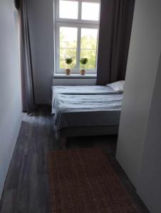 niewielka sypialnia z łóżkiem i oknem w obiekcie Willa Granit w Krościenku