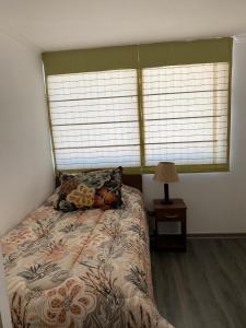 a bedroom with a bed and a window at Nuevo alojamiento en el corazón Iquique in Iquique