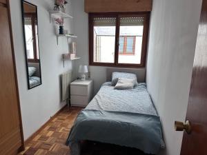 una piccola camera da letto con un letto e una finestra di Acogedor Apartamento con vistas a la Catedral y parking a Oviedo