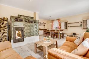 ein Wohnzimmer mit zwei Sofas und einem Kamin in der Unterkunft Die Spreewaldbetten - Bauernhof in Schmogrow