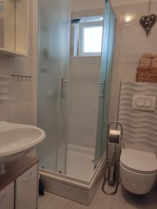 een badkamer met een douche, een toilet en een wastafel bij Apartments Mimi Omis in Omiš +32 foto's