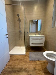 Un baño con ducha, lavabo e inodoro. en Luxury penthouse in Sliema, en Sliema