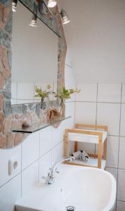 uma casa de banho com um lavatório e um espelho em Ferienwohnungen Baumann-Breitenberg em Sankt Georgen am Reith