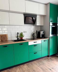 a kitchen with green cabinets and white appliances at Domek Pierwiosnek Ustroń in Ustroń