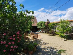 un jardín con sillas, mesas y flores en La Jauchelle en Thimougies