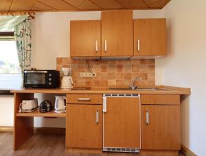 a kitchen with wooden cabinets and a sink at Ferienhaus Panoramablick in Piesau