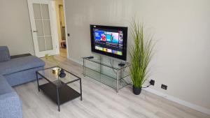 a living room with a flat screen tv and a couch at BOGINE Apartament in Ventspils +5 photos