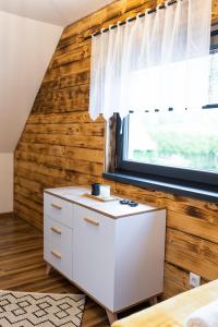 a white cabinet in a room with a window at Beskid Loft House - domki w górach in Sól