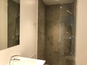 a bathroom with a shower with a sink and a mirror at Nice 1-bed in Østerbro - 279 in Copenhagen +2 photos