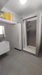 uma casa de banho com um chuveiro e um lavatório. em Belvárosi Apartman em Pécs