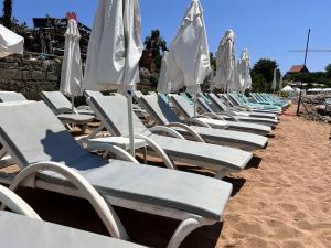 una fila di sedie a sdraio con ombrelloni sulla spiaggia di Cuba Beach Hotel a Side