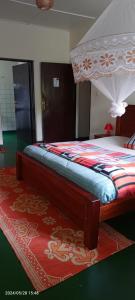 a bedroom with a bed with a canopy on a red rug at COLIBRI TAVERNE Gisenyi in Gisenyi