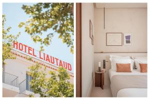 a bedroom with a bed and a hotel lantland sign at Hotel Liautaud in Cassis