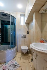 a bathroom with a tub and a toilet and a sink at Birutės Vila in Palanga +66 photos