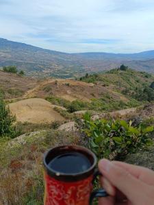 une personne tenant une tasse de café au sommet d'une colline dans l'établissement Entre Rocas y Cristales, à Ráquira