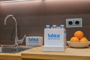 a kitchen counter with a bottle of water and a bowl of oranges at Habitat Apartments La Bohème in Barcelona