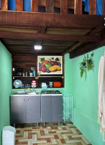 a kitchen with green walls and a painting on the wall at Cabana Bacalar in Bacalar +1 photo