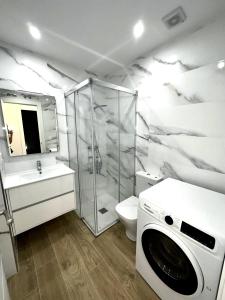 un bagno con doccia e lavatrice di Apartamento la Muralla 1D a Aguilar de Campóo