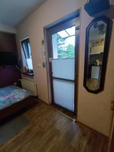 Pokój z drzwiami, oknem i lustrem w obiekcie Apartamenty z ogrodem 2 typu studio w mieście Mrągowo