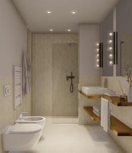 a bathroom with two sinks and a toilet and a shower at Hotel Domidea in Rome