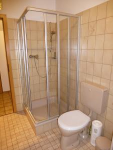 een badkamer met een douche en een toilet bij Ferienwohnung Kerstin in Soltau