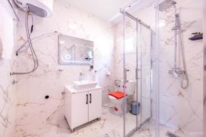 a bathroom with a shower and a sink and a toilet at Yanka 4 Houses in Ljubaništa +36 photos
