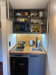 a small kitchen with a sink and a microwave at G3 Inn apartments in Mendoza