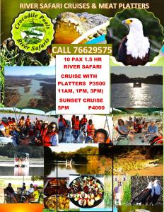 a flyer for a river safari cruises and meat pirates at Crocodile Pools Resort in Gaborone
