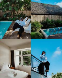 un collage de cuatro fotos de una mujer sentada junto a una piscina en Sense of Haiya, en Chiang Mai