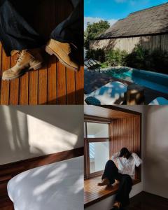 a collage of images with a man sitting on a bench next to a pool at Sense of Haiya in Chiang Mai