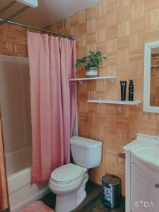 a bathroom with a toilet and a pink shower curtain at Family Vacation Home with Pool in Sarasota