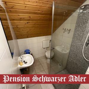 a bathroom with a shower and a sink and a toilet at Pension Schwarzer Adler 