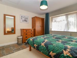 a bedroom with a bed and a dresser and a mirror at Harvest Moon Cottage in Bishops Frome