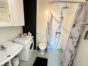 a bathroom with a sink and a toilet and a shower at Villa Anastazja in Vendelsö