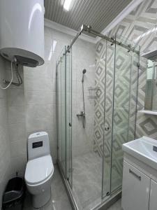 a bathroom with a toilet and a glass shower at Айкол in Bokonbayevo
