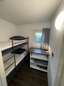 a small room with bunk beds and a window at Chalet Pallegarste 125 in Mariënberg +38 photos