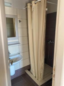 uma casa de banho com uma cortina de chuveiro e um lavatório em Kohili Kolibithra in Tinos em Kollimpithra