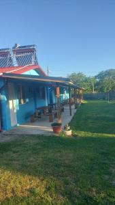 a blue house with a grassy field next to it at La Olteanu in Vadu
