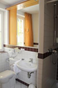 uma casa de banho com um lavatório, um WC e um espelho. em Landgasthof Wildwasser em Wolthausen