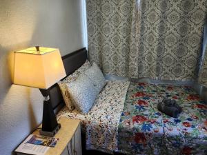 Pokój z łóżkiem z lampką na stole w obiekcie Private room with a lock w mieście Saint Petersburg