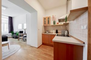 een keuken met een aanrecht en een woonkamer bij Centrum Victoria LUX in Praag