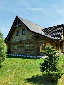 a log cabin with a metal roof on a green field at Klimatyczny dom z bali in Powidz