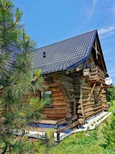 eine Blockhütte mit Schieferdach in der Unterkunft Klimatyczny dom z bali in Powidz